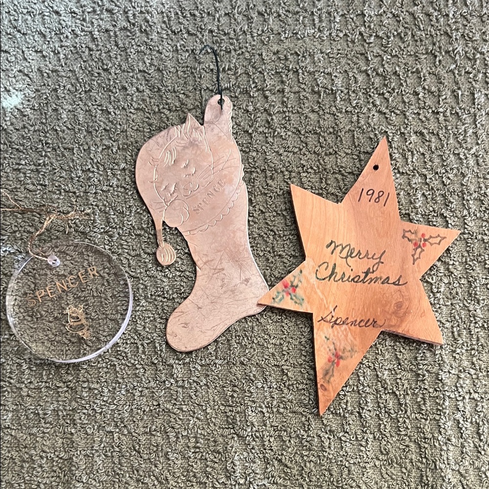 Vintage Personalized SPENCER Holiday Ornament Set - Copper, Wood and Acrylic